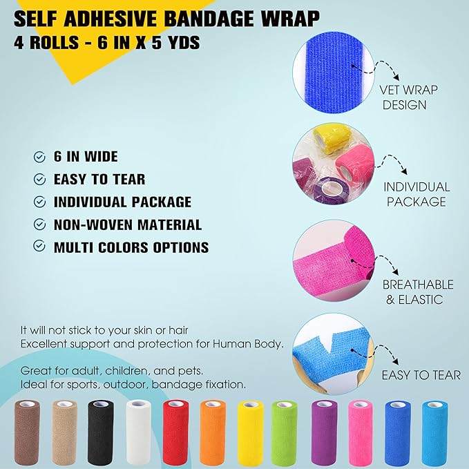 4 Pack Self Adhesive Bandage Wrap, 6 in x 5 Yards Non-Woven Self Adherent Cohesive Bandage, Vet Wrap Wound Tape for Thumb Finger Wrist Knee Ankle, Pink