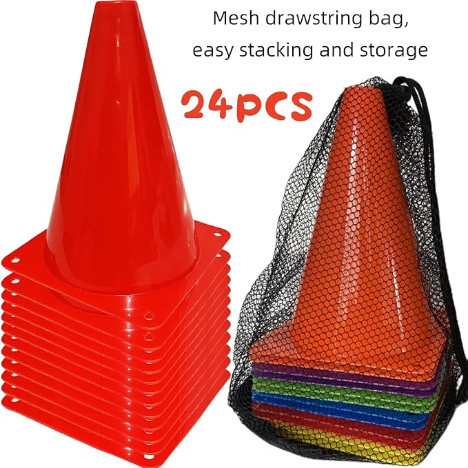 24 Pcs 7 Inch Plastic Traffic Cones, Basketball Football Drills, Skating, Sport Training Agility Markers, Indoor Outdoor Games, Multicolor