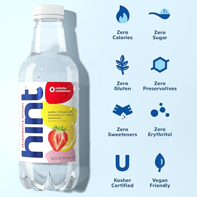 Hint Water Strawberry Lemon, Pure Water Infused with Strawberry and Lemon, Zero Sugar, Zero Calories, Zero Sweeteners, Zero Preservatives, Zero Artificial Flavors,16 Ounce Bottles, (Pack of 12)