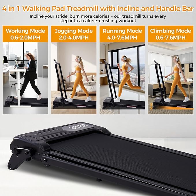 Walking Pad Treadmill with Handle Bar & Adjustable Incline, 0.6-7.6MPH Portable Small Treadmills for Home Small Spaces, 350LBS Compact Under The Desk Treadmill with Handles, 3.5HP Electric Treadmills