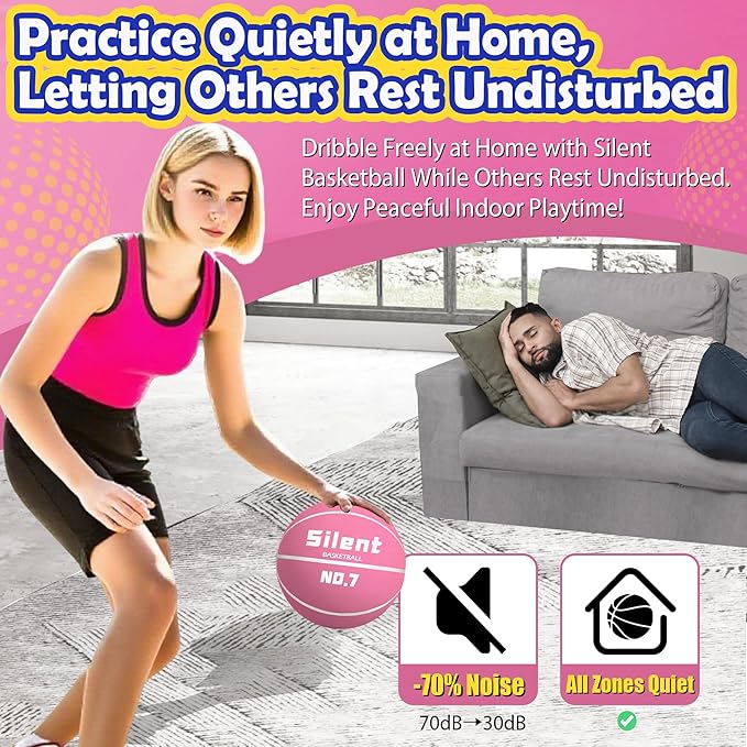 2025 Upgraded Silent Basketball Size 7 - Indoor Noiseless Airless Foam Basketball, Quiet Dribble Dream Training Ball with Soft Soundless Bounce-Pink