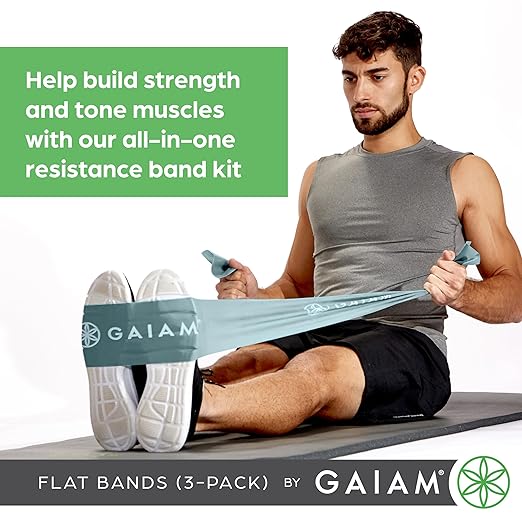 Gaiam Restore Strength and Flexibility Resistance Band Kit Set - 3 Levels of Resistance - Strength Training Workout Bands for Stretching Muscles - Versatile Exercise Tool - Light, Medium, and Heavy