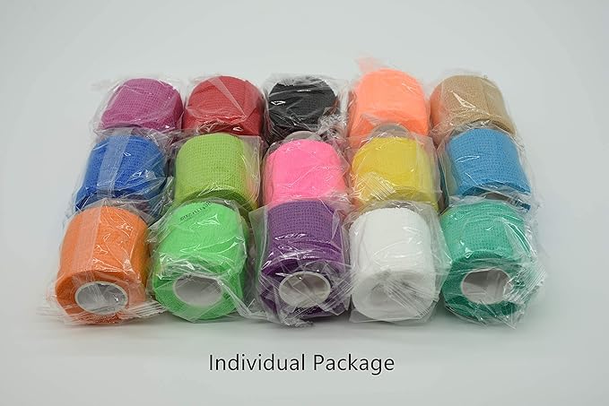 15 Pack Cohesive Wrap 2 Inches x 5 Yards Self Adherent Vet Tape for Pets, Elastic Self Adhesive Bandage Wrap for Sports, Finger, Wrist, Ankle (15 Colors)