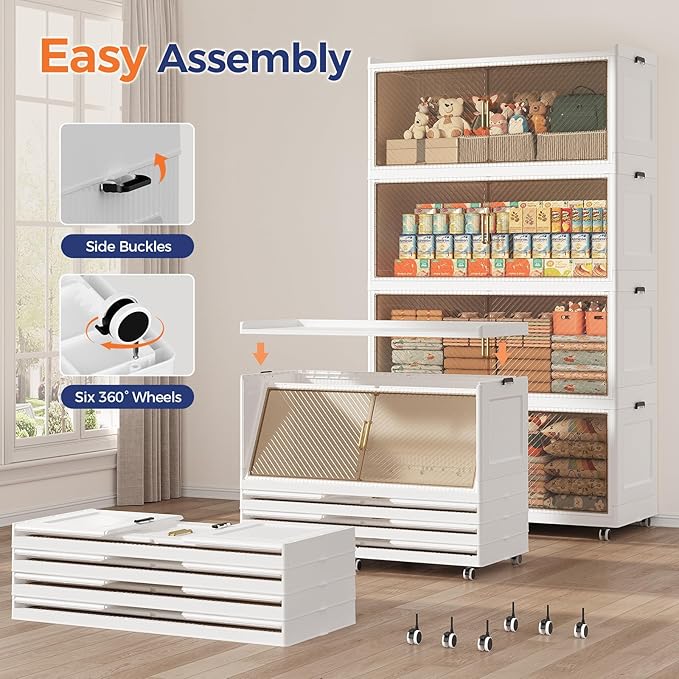 200GAL Extra Large Stackable Storage Bins with Lid, 800QT Plastic Closet Organizer and Storage Cabinet with Wheels and Doors, Folding Storage Box Container for Home Organization, 4Pack White