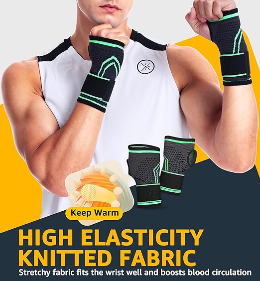 HiRui 2-Pack Wrist Brace Wrist Wraps, Hand Compression Sleeves with Wrist Straps Support for Fitness Weightlifting MTB Tendonitis Carpal Tunnel Arthritis Pain Relief (Green, X-Large)