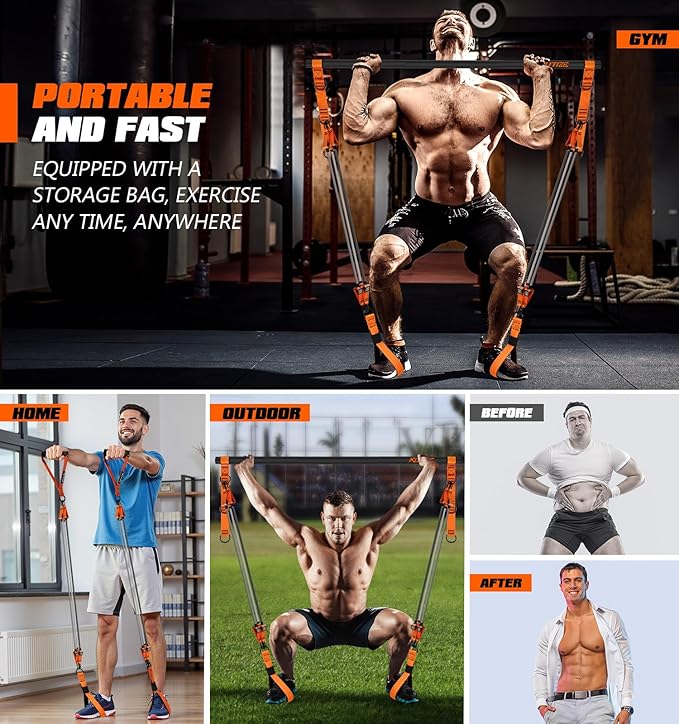 Pilates Bar Kit with Resistance Bands, Heavy Duty Pilates Equipment for Men, Strength Training Bar for Legs, Hip, Back, Arm, Abs, Chest, Shoulders, Portable Home Gym Full Body Workout Equipment