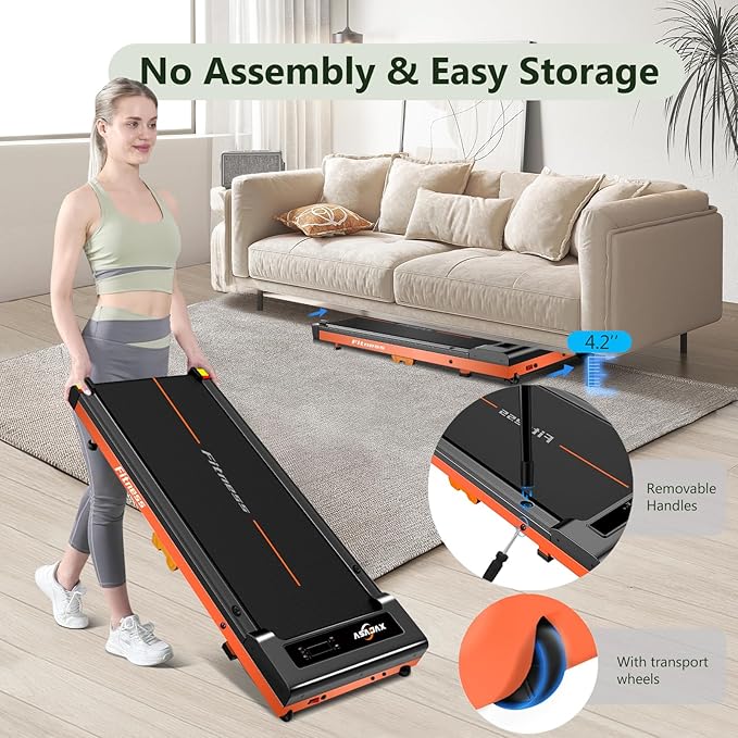Walking Pad, Under Desk Treadmill for Home, Portable Treadmill 300 lbs Capacity (Orange-Handrail New)