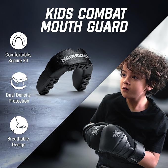 Hayabusa Combat Sports Mouth Guard Youth, Kids and Adult Sizes Comes with Case - Black/Gold, Youth