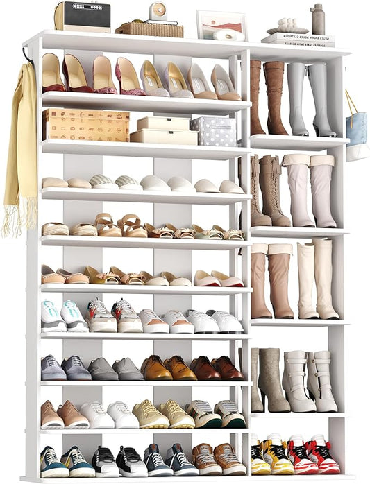 HOMEFORT 10 Tiers Shoe Rack, 50 Pairs Large Shoe Shelf, 61.8" Tall Shoe Tower, Freestanding Shoe Rack Organizer with Open Shelves, Wood Shoe Stand for Boot Storage, for Closet, Entryway, White