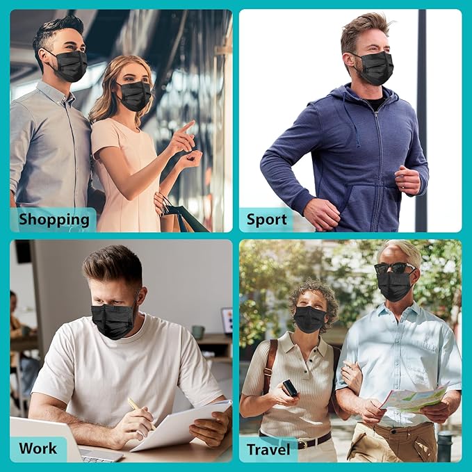 50PCS Disposable Face Masks, Black Masks, 3 Layer Protection Black Disposable Face Masks