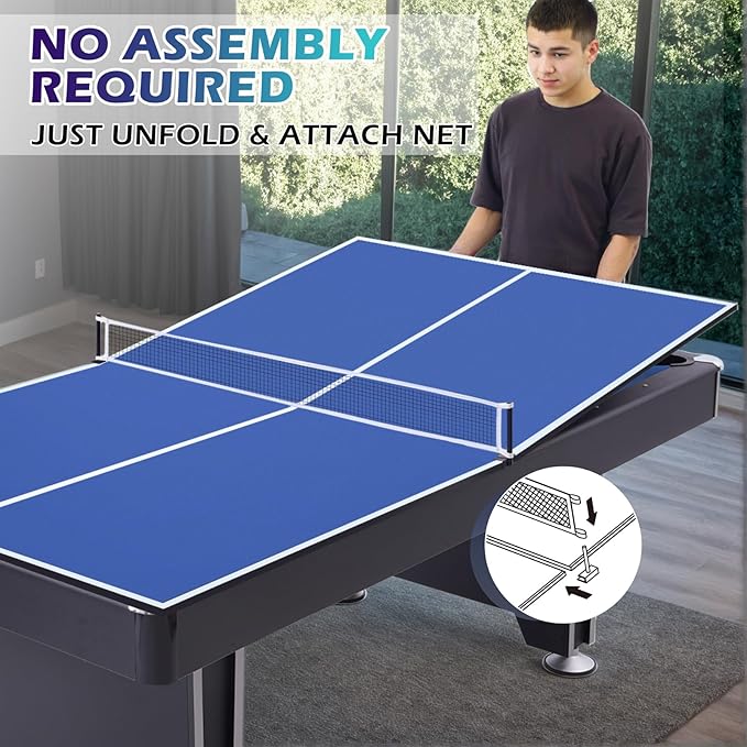 7FT Ping Pong Table Top with Net Set for Pool Table, Foldable Ping Pong Table Topper, Portable Table Tennis Conversion Top Includes Foam Padding for Protection, Easy Conversion