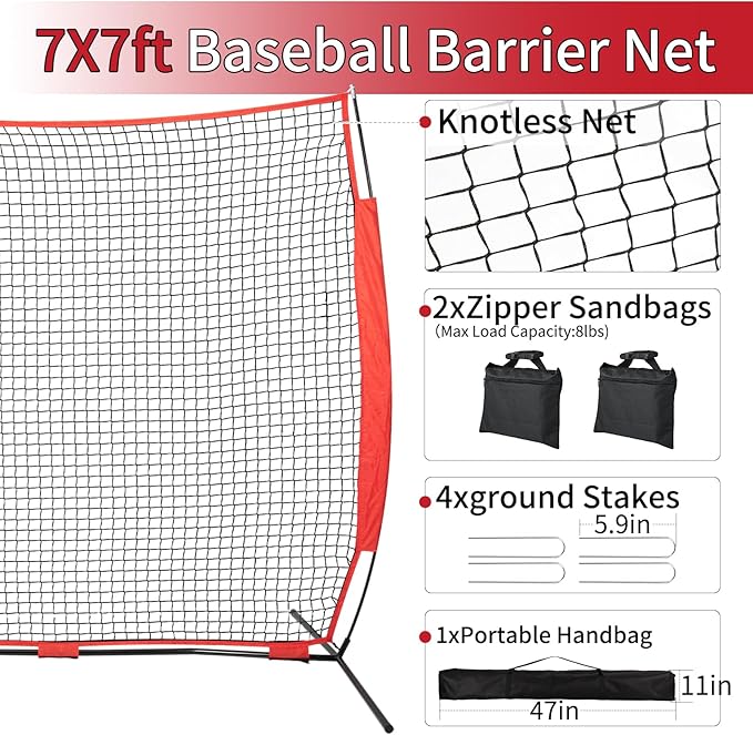 7x7/16x10/20x10ft Backstop Net, Ball Stop Net with Handbag,Fix Sports Net Barrier by 4 Spike&2 Sandbag,Sports Practice Barrier Net for Baseball,Softball,Lacrosse Train,Backstop Net for Backyard