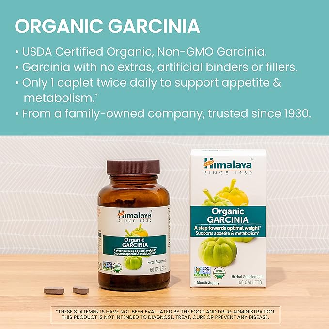 Himalaya Organic Garcinia Cambogia Herbal Supplement, Appetite Support, Lipid Metabolism, Weight Support, USDA Organic, Non-GMO, Vegan, 600 mg, 60 Plant-Based Caplets, 30 Day Supply