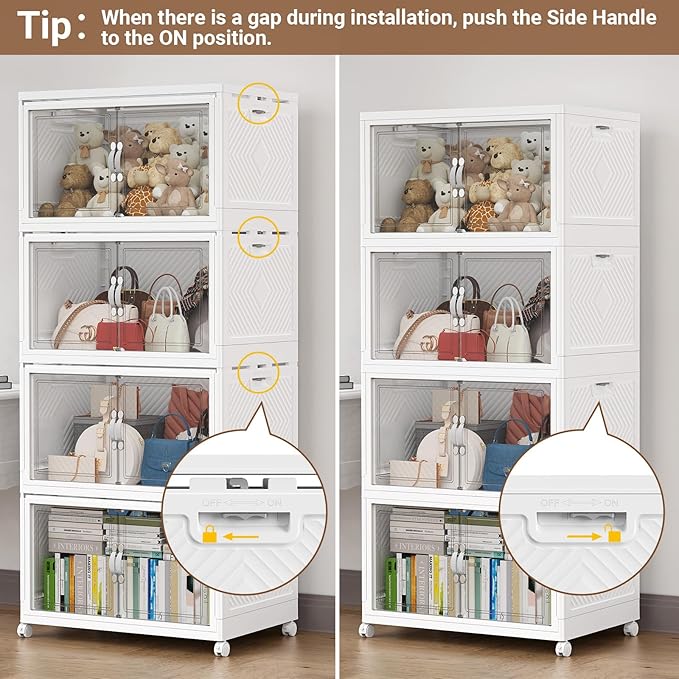 480QT Extra Large Stackable Storage Bins, 120Gal Clear Plastic Closet Organizer Cabinet with Lid and Wheels, Collapsible Latch Boxes Folding Drawer with Door for Home Kitchen, V20 3Pack White