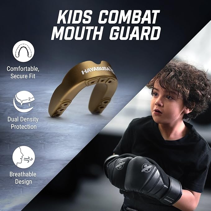 Hayabusa Combat Sports Mouth Guard Youth, Kids and Adult Sizes Comes with Case - Gold/White, Youth