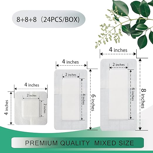 4X4, 4X6, 4X8 Inches Large Sterile Adhesive Island Wound Dressing Bandages - Non Woven Bordered Gauze Pads, Individually Pack, 8PCS for Each Size, Medical Grade by QICHUANG(468Mixed Size- C24)