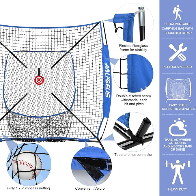6'X6' Baseball Softball Practice Net,Pitching Net,Batting Net,with Bonus Strike Zone,Target and Bow Frame,for Hitting,Pitching,Catching