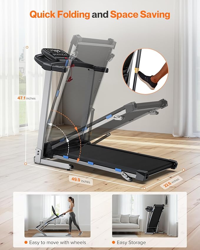 Folding Treadmill with Incline, 3.0 HP Quiet Treadmills for Home, 350 lbs Weight Capacity & 7.6 MPH, Incline Treadmill with Pulse Sensor and Bluetooth Speaker, Wide Belt, App, LED Display