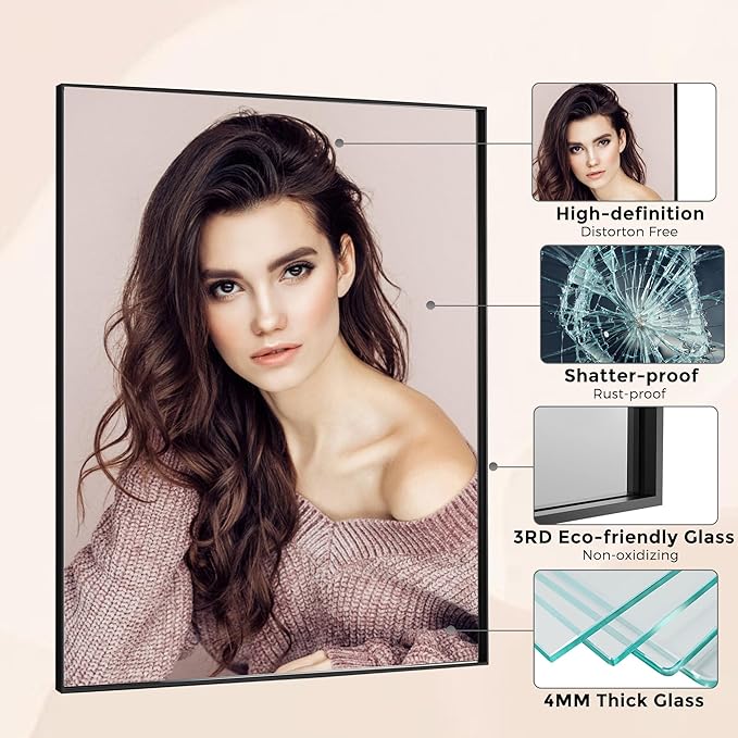 24x32 Inch Black Bathroom Mirror for Wall, Aluminum Frame Rectangle Rectangular Vanity Mirror, Modern Large for Bedroom, Living Room, Horizontal or Vertical