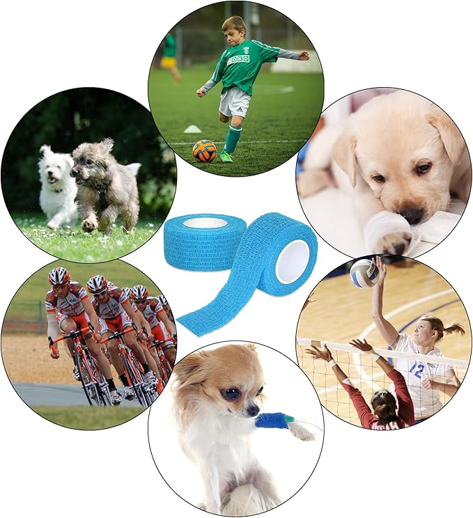 6 Pack 1 Inches Self Adhesive Bandage Wrap Breathable Cohesive Bandage Elastic Tape for Pets, Athletic, Sports, Wrist, Knee, Ankle(5 Yards Per Roll, Light Blue)