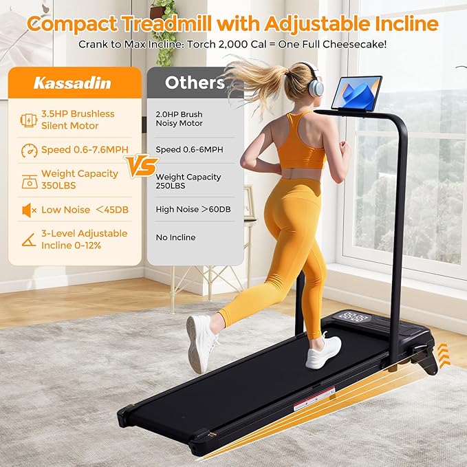 Walking Pad Treadmill with Handle Bar & Adjustable Incline, 0.6-7.6MPH Portable Small Treadmills for Home Small Spaces, 350LBS Compact Under The Desk Treadmill with Handles, 3.5HP Electric Treadmills