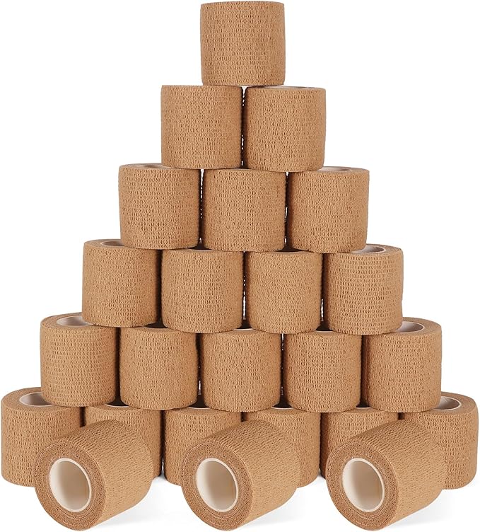24 Pack Self Adhesive Bandage Wrap, 2” x 5 Yards Cohesive Medical Tape Elastic Grip Tape Sports Tape Athletic for Ankle, Wrist Sprains, Pet First Aid (Brown, 2 Inch)