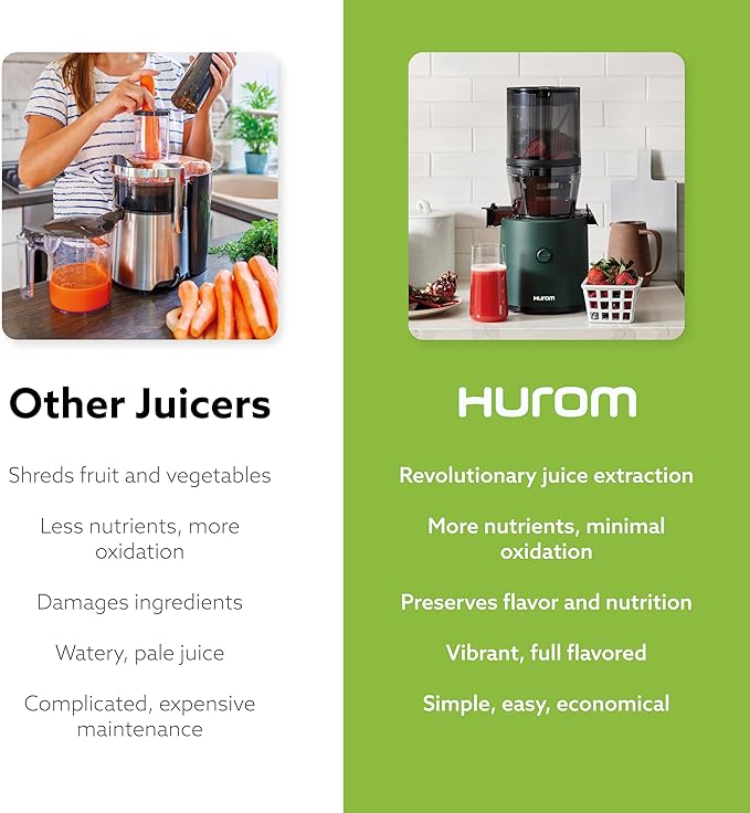 Hurom H320 Cold Press Juicer Machine, Easy to Clean Masticating Slow Juicer, Coarse Strainers, Self-Feeding, Hands Free, Family Size, Quiet Motor, Easy Assembly (Kale/Dark Green)