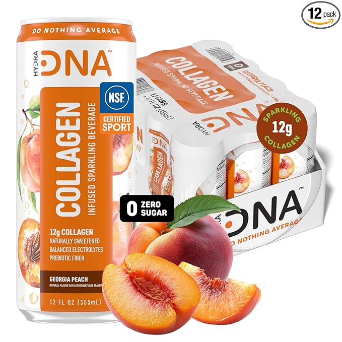 HYDRADNA- Sparkling Liquid Collagen Protein Water Drink Balanced Nutrients for Wellness - Sugar-Free - Keto-Friendly - No Gluten (12 Pack) Georgia Peach