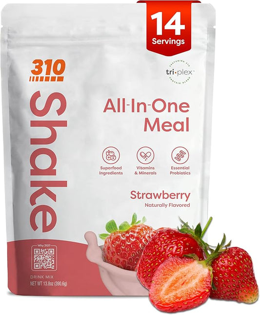 310 Nutrition All-In-One Meal Replacement Shake Powder - Plant-Based Protein Smoothie Blend w/High Fiber, Probiotics & Adaptogens - Low Carb, Vegan, Keto & Paleo Friendly - Strawberry - 14 Srv
