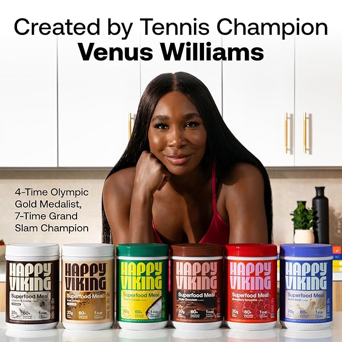Happy Viking Strawberry Protein + Superfoods Powder, Created by Venus Williams, 20G Protein, Low Carb, Keto, Vegan, Gluten-Free, Non-GMO, Superfoods, Complete Meal Replacement, 1 Canister (24 oz.)