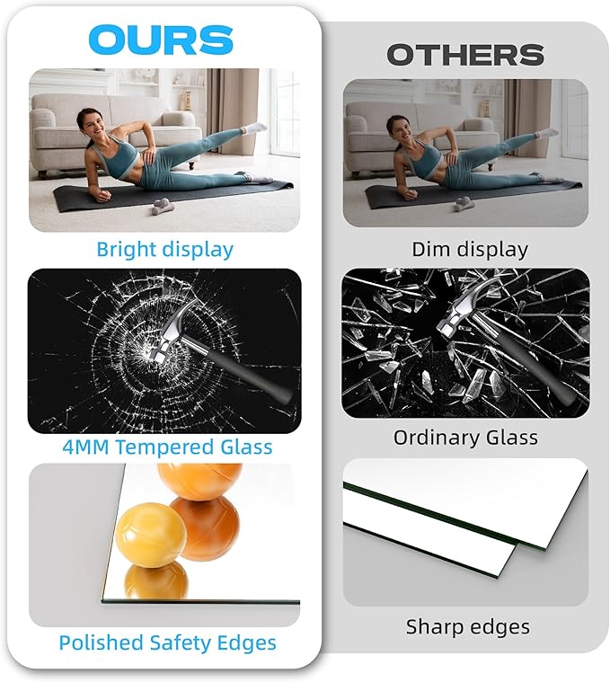 Hasipu 2Pcs 55''x20'' Home Gym Mirror Large Full Length Wall Mounted Full Body Mirror for Yoga Dance Fitness Exercise Studio Bedroom Garage, Frameless Tempered Glass Workout Mirrors Walnut Rectangular