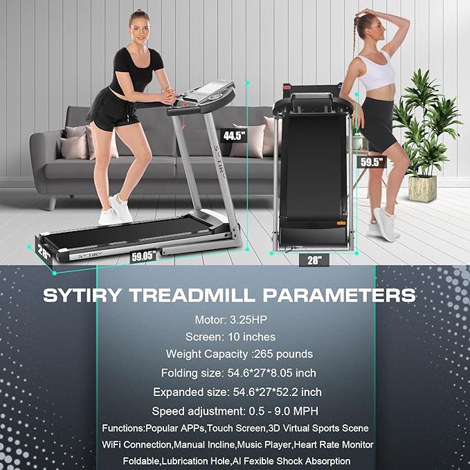 SYTIRY Treadmill with Touch Screen,3.25HP Treadmills for Home with TV and WiFi,Smart Foldable Treadmill with Music,3D Virtual Sports Scene,Popular APP for Social Networking,Walking/Running Machine