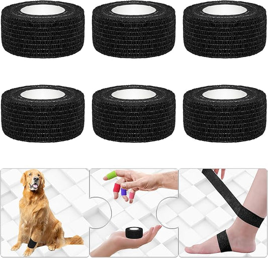 6 Pack 1 Inches Self Adhesive Bandage Wrap Breathable Cohesive Bandage Elastic Tape for Pets, Athletic, Sports, Wrist, Knee, Ankle(5 Yards Per Roll, Black)