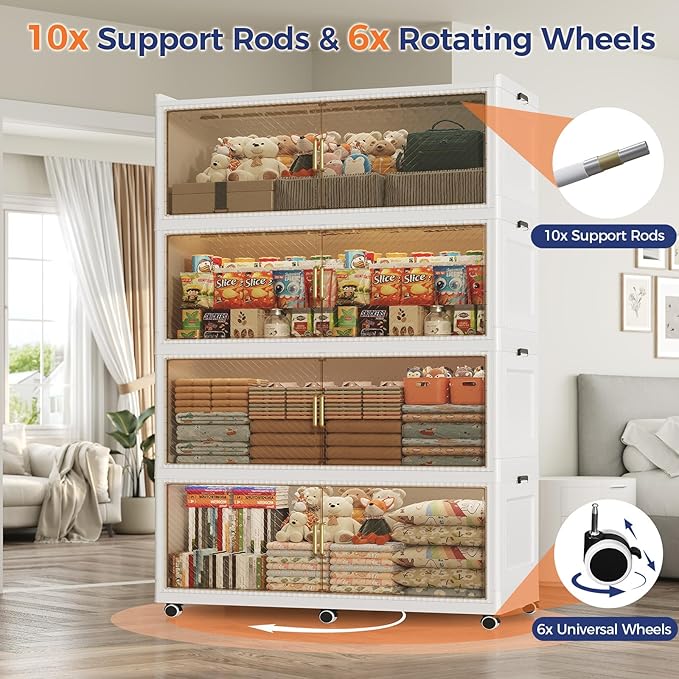 200GAL Extra Large Stackable Storage Bins with Lid, 800QT Plastic Closet Organizer and Storage Cabinet with Wheels and Doors, Folding Storage Box Container for Home Organization, 4Pack White