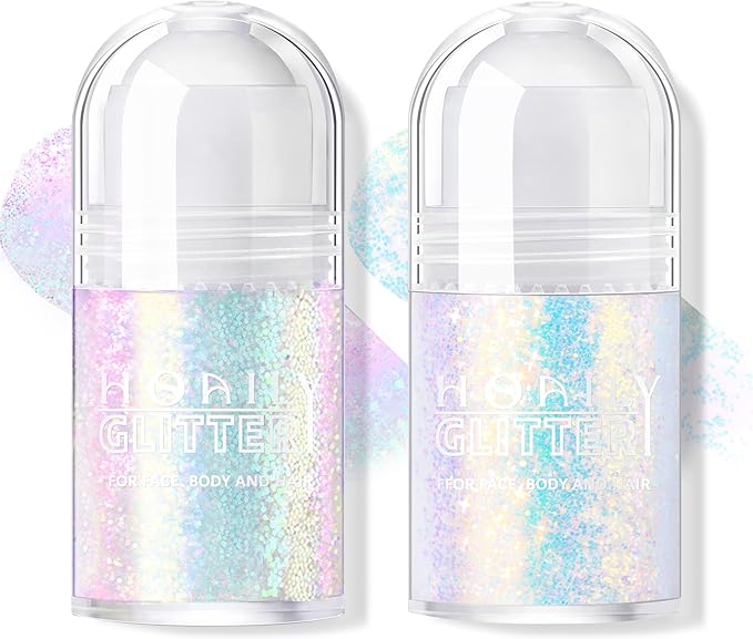 2 Colors Roll-on Body Glitter Gel, Holographic Glitter Gel Under Light for Face Hair, Body Shimmer for Rave Accessories Christmas New Year Halloween Makeup (8+12)