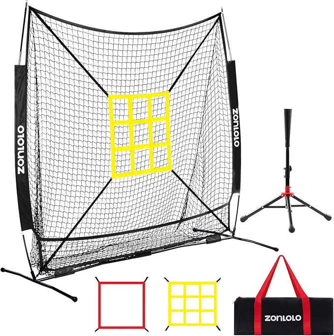6x6ft Baseball & Softball Net for Hitting,Pitching and Batting, Throwing,Baseball net with Sturdy Bow Frame,Battting Tee,Strike Zone, Middle Size,Suitable for Kids!