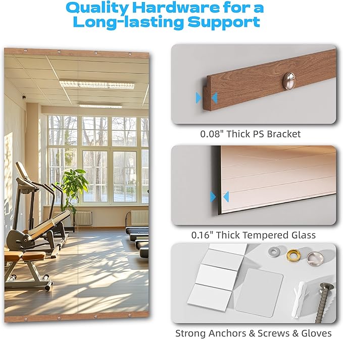 Hasipu 2Pcs 71''x31'' Home Gym Mirror Large Full Length Wall Mounted Full Body Mirror for Yoga Dance Fitness Exercise Studio Bedroom Garage, Frameless Tempered Glass Workout Mirrors Walnut Rectangular