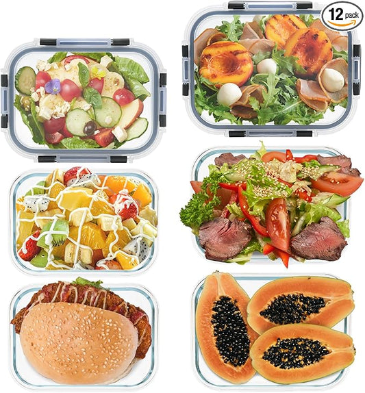 6 Pack Glass Meal Prep Containers, Food Storage Containers, Airtight Bento Boxes with Leak Proof Lids, Freezer to Microwave Safe