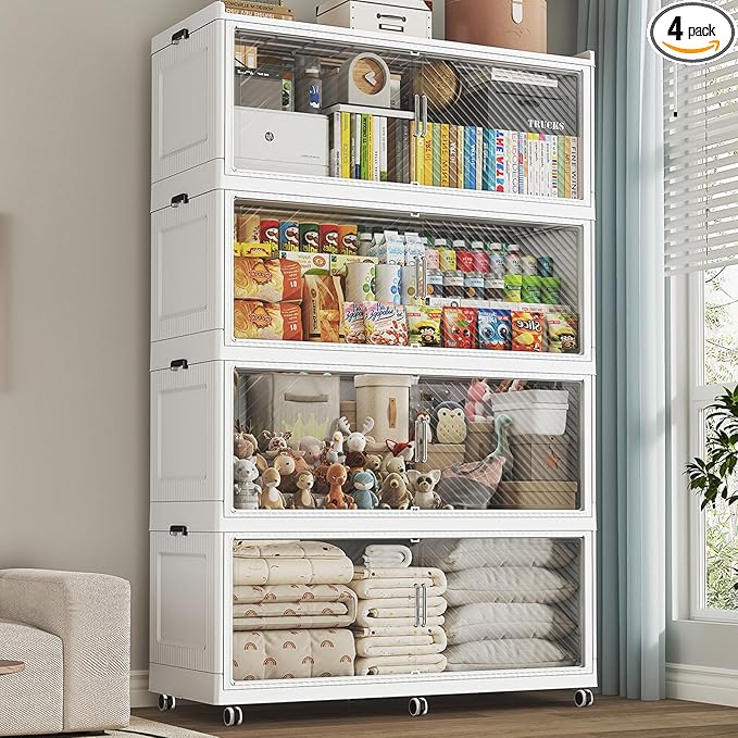 200GAL Extra Large Stackable Storage Bins with Lid, 800QT Plastic Closet Organizer and Storage Cabinet with Wheels and Doors, Folding Storage Box Container for Home Organization, 4Pack White