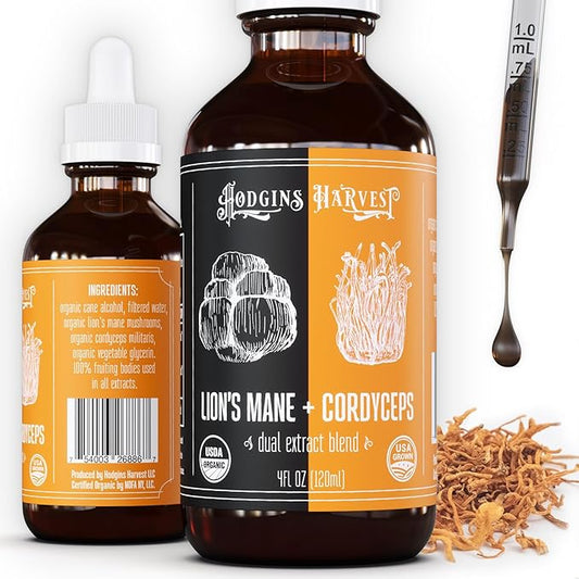 Hodgins Harvest Organic Lion’s Mane + Cordyceps Tincture | Made with Mushrooms Grown On Our Farm in The USA | Dual Extract | Extra-Concentrated (4 fl oz)
