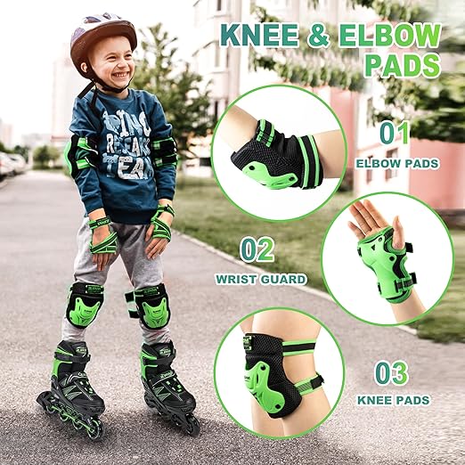 2PM SPORTS Knee Pads for Kids, Wrist Guards Knee and Elbow Pads Set with Drawstring Bag, Protective Gear Set for Girls Boys Roller Skating Cycling Skateboard - Green Medium