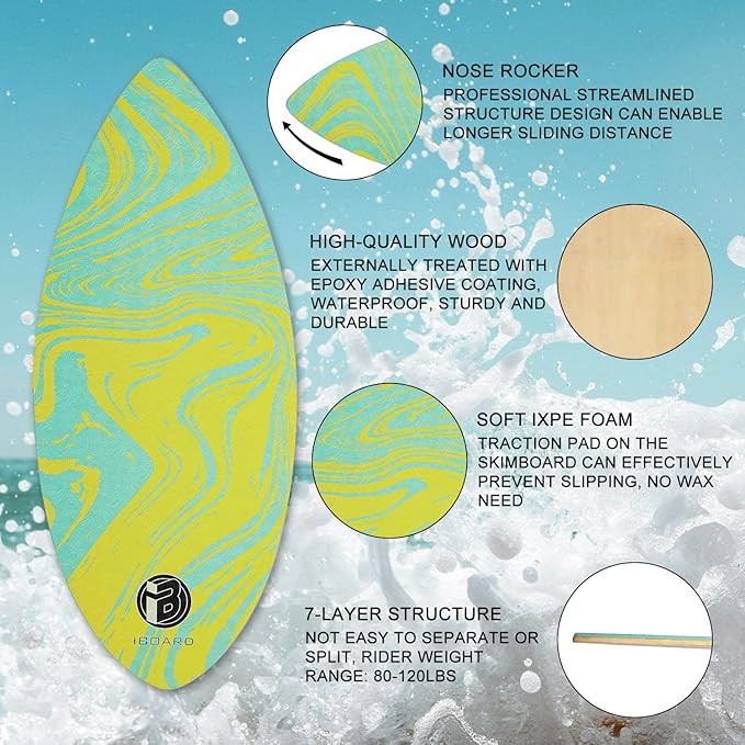 36” Skipper Skimboard with High Gloss Coat Wooden Skim Boards for Beginners, Teenagers and Adults Beach Skimboard 3 Color Traction Pad to Choose