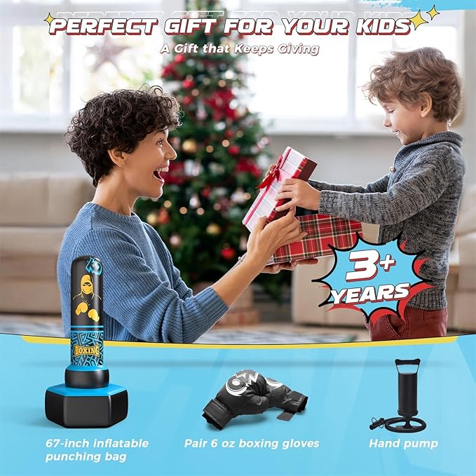 67'' Inflatable Punching Bag Freestanding for Kids Aged 3-12 – Heavy Duty Boxing Set for Karate & Taekwondo, Stable Boxing Bag Active Kids Toy, Christmas Birthday Gift for Boys and Girls