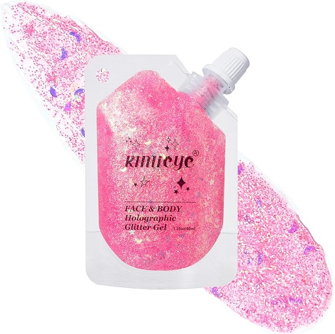 Holographic Face Glitter Gel Body Shimmer Makeup for for Hair, Face, Clavicle, Arm, Nail, Eyeshadow, Long Lasting Waterproof Mermaid Sequins Party Glitter for Rave Festival, 1.35oz (Dazzling Pink #2)