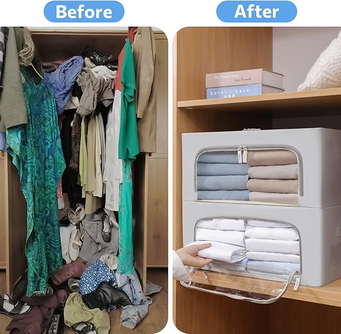 3Pack Frame Storage Box - Clothes Storage Bin Bags Oxford Fabric Foldable Stackable Container Organizer Set with Clear Window & Carry Handles (Grey, Medium-44L)