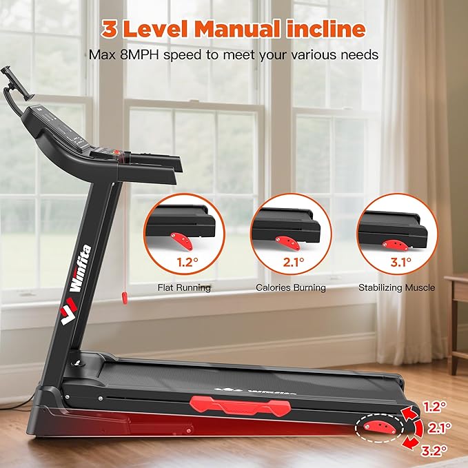 Treadmill with Incline, 300 LBS Capacity, 8 MPH or 10 MPH Speed, Bluetooth, App, Pause Function, Folding Treadmills for Home with 64 Programs, 17'' or 18'' Wide Belt, Heart Rate, BMI Detector