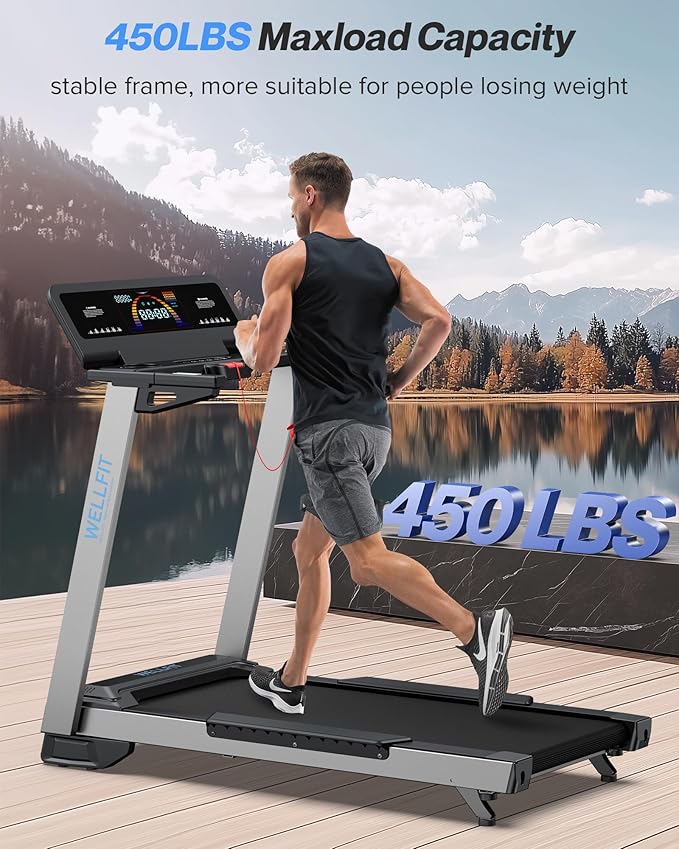 WELLFIT Treadmill for Home, 2 Level Incline Heavyduty Treadmill with Pulse Sensor, 4.0 HP, 1.0-10.0 MPH, 450/360 lbs Capacity, Large Running Area Treadmills with Bluetooth Player & LED Display