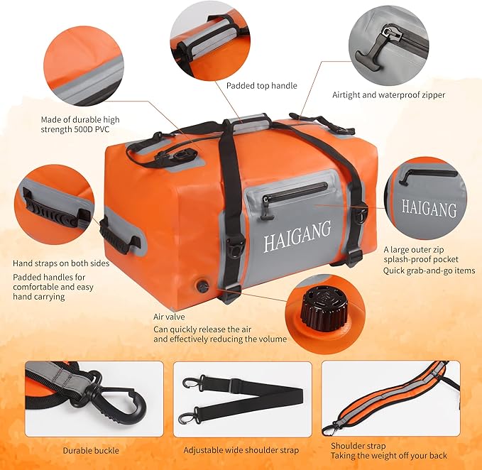70L Waterproof Duffel Bag Travel Dry Bag, Large Capacity, Adjustable Thickened Straps and Handles, Zip Closure, Air Valve, Keep Equipment Safe, Suitable for Boating Rafting Motorcycle Kayaking