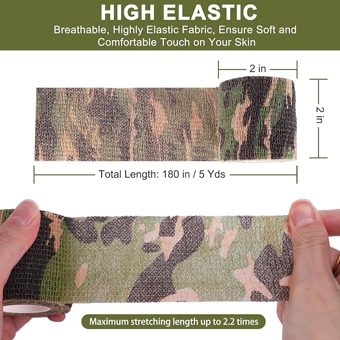 24 Pack Camo Self Adhesive Wrap, 2” x 5 Yards Vet Wrap Cohesive Camo Grip Tape Medical Wrap Self Adherent for Ankle, Wrist Sprains, Pet First Aid