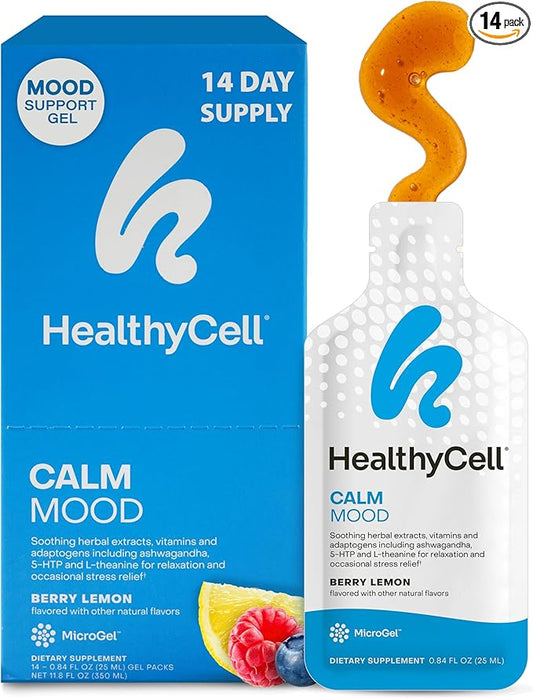 Healthycell Calm Mood Daily Liquid Supplement - Cortisol Manager & Mood Support Supplement for Stress with Ashwagandha, L-Theanine, Magnesium, 5-HTP, GABA & Saffron - 14 Gel Packs